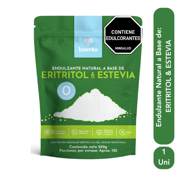 Endulzante Natural a Base de:  ERITRITOL CON STEVIA 200 Gramos